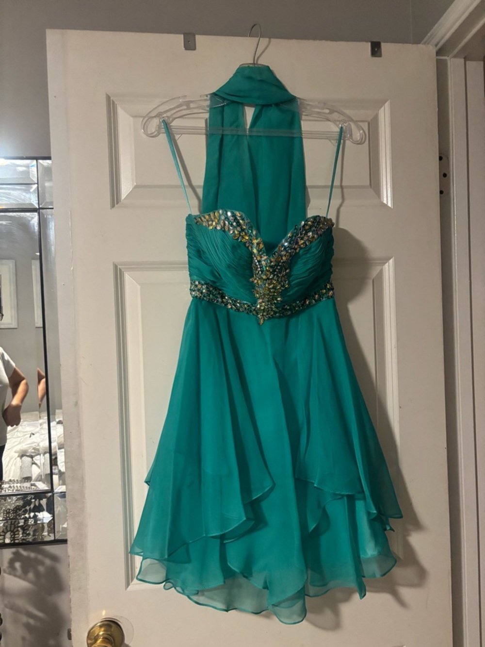Teal Beaded Sweetheart Halter Cocktail Dress
